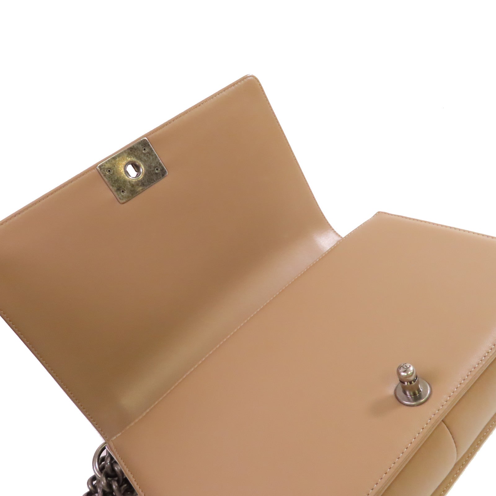 CHANEL 【激減優惠】斜紋羊皮皮革Boy Chanel 28cm Chain Shoulder Bag銀扣鏈帶肩背袋淺啡色
