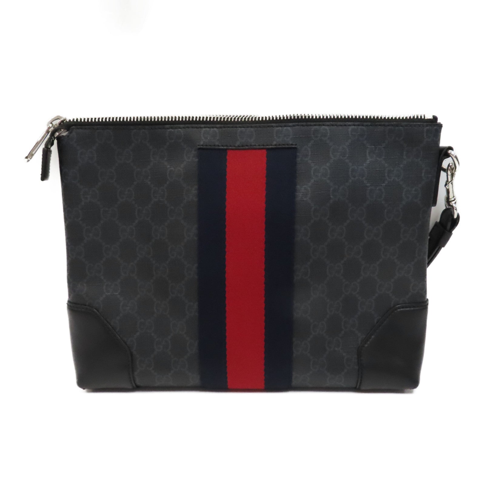 GUCCI 塗層帆布GG Supreme銀扣手拿包黑色