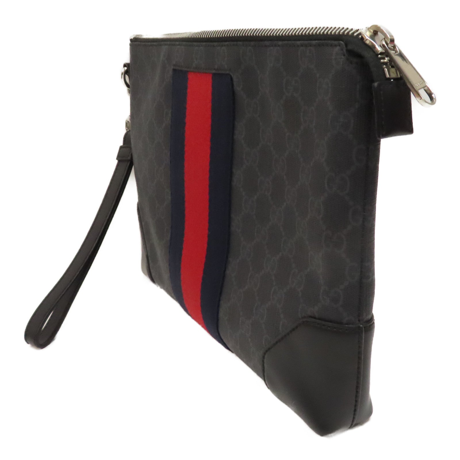 GUCCI 塗層帆布GG Supreme銀扣手拿包黑色