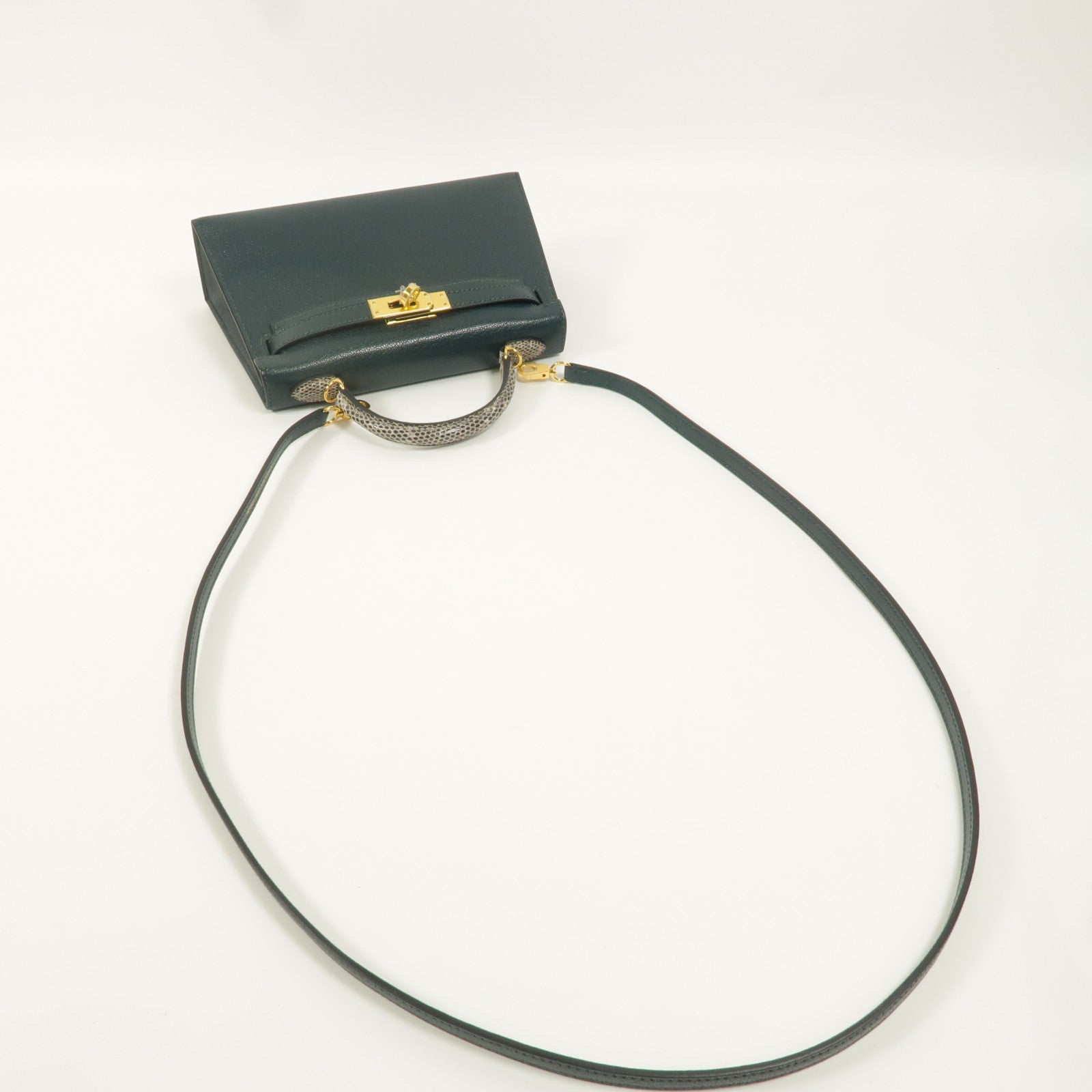 HERMES Chevre皮革/蜥蝪皮革Mini Kelly II Touch手挽肩背兩用袋Vert Cypres/Ombre