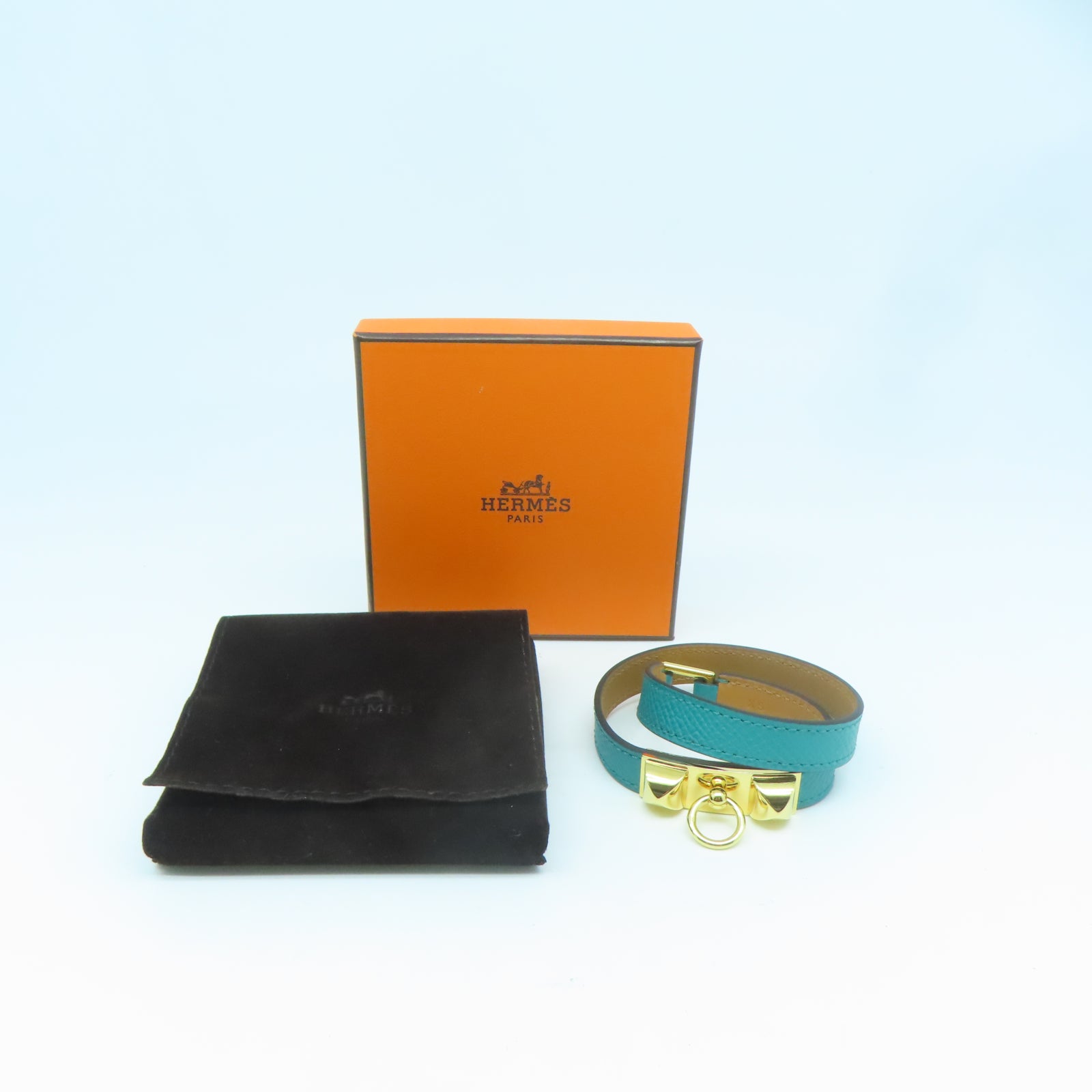 HERMES 【激減優惠】Epsom皮革Rivale Double Tour Bracelet金扣手鐲Blue Paon孔雀藍色
