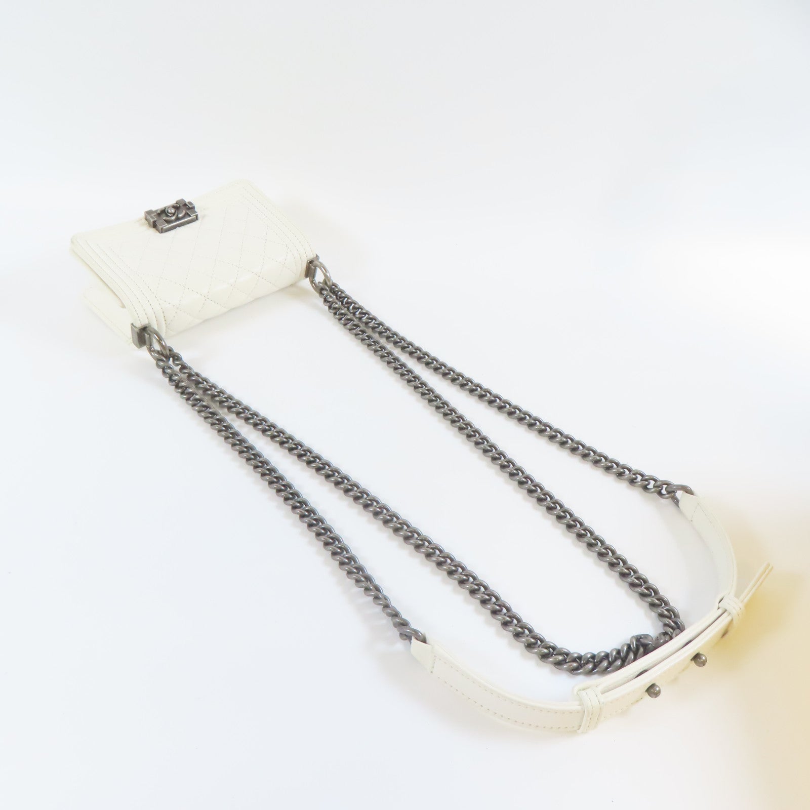 CHANEL 菱格牛皮皮革Mini Bag Set金扣/銀扣鏈帶肩背袋白色