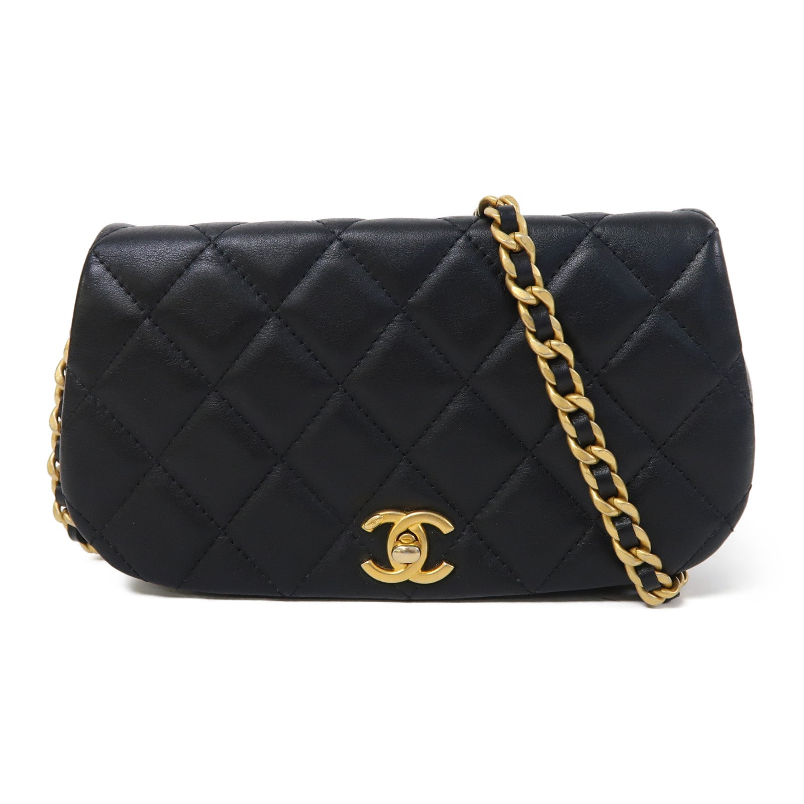 CHANEL 菱格羊皮皮革Chain Shoulder金扣鏈帶肩背袋黑色