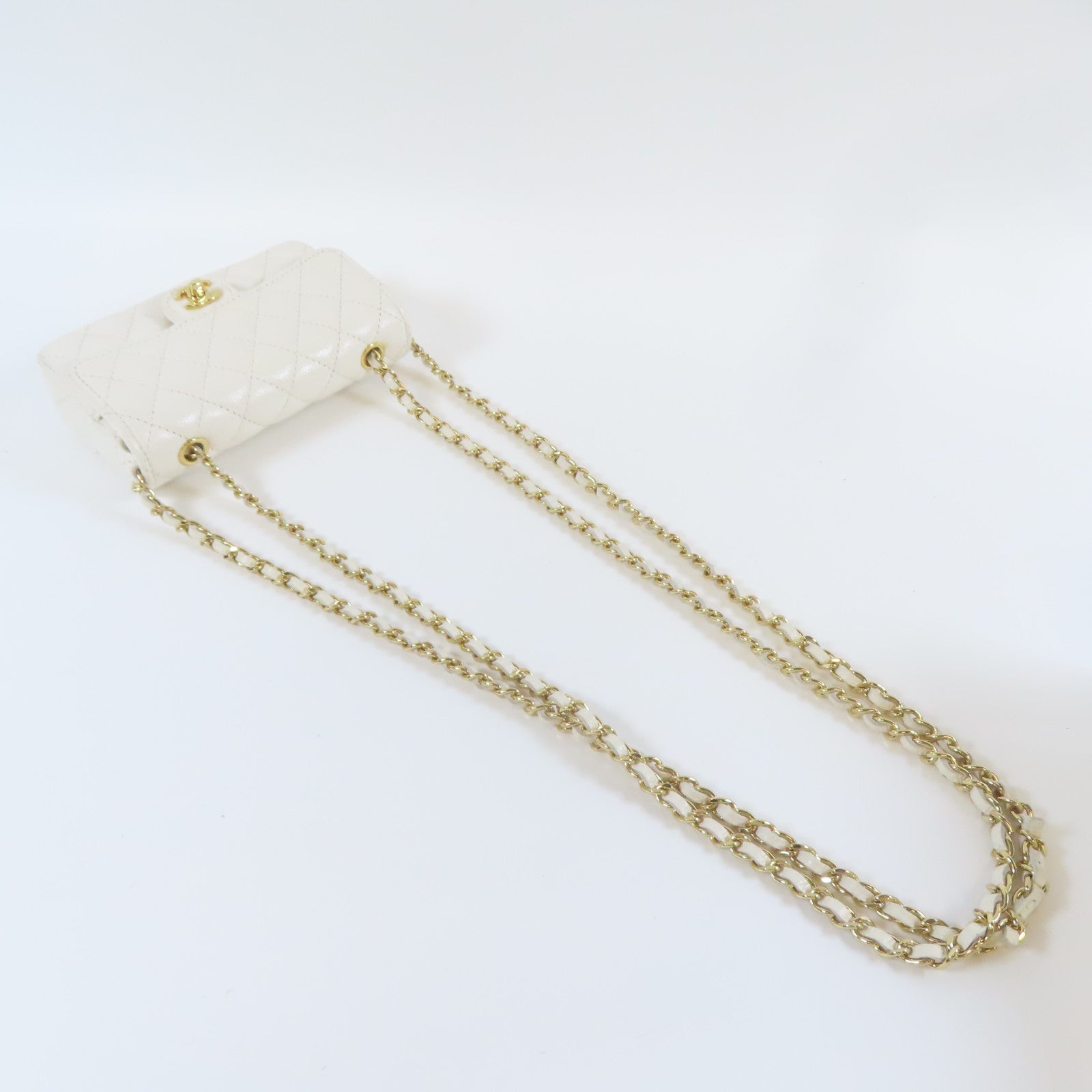 CHANEL 菱格牛皮皮革Mini Bag Set金扣/銀扣鏈帶肩背袋白色