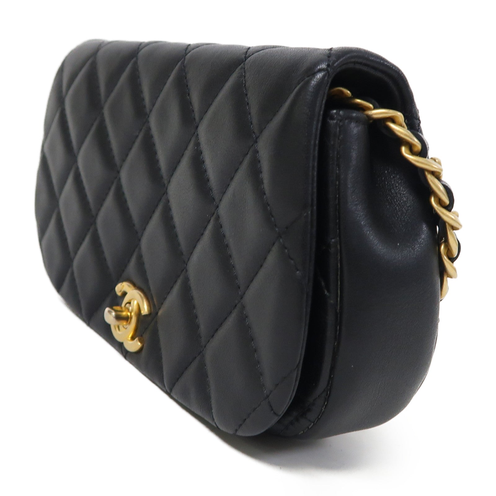 CHANEL 菱格羊皮皮革Chain Shoulder金扣鏈帶肩背袋黑色