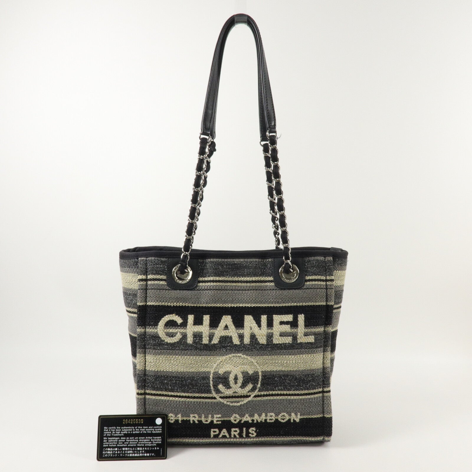 CHANEL 帆布Deauville Tote Small鏈帶手挽袋