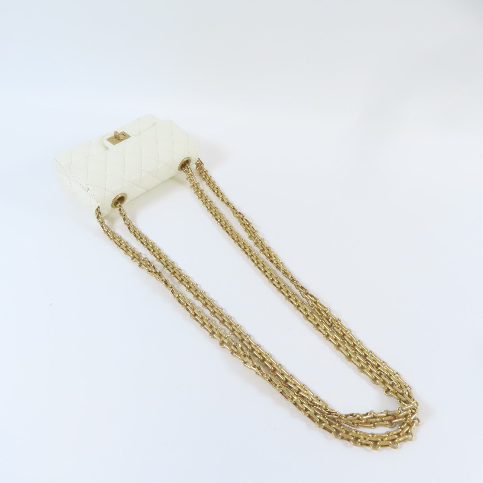 CHANEL 菱格牛皮皮革Mini Bag Set金扣/銀扣鏈帶肩背袋白色
