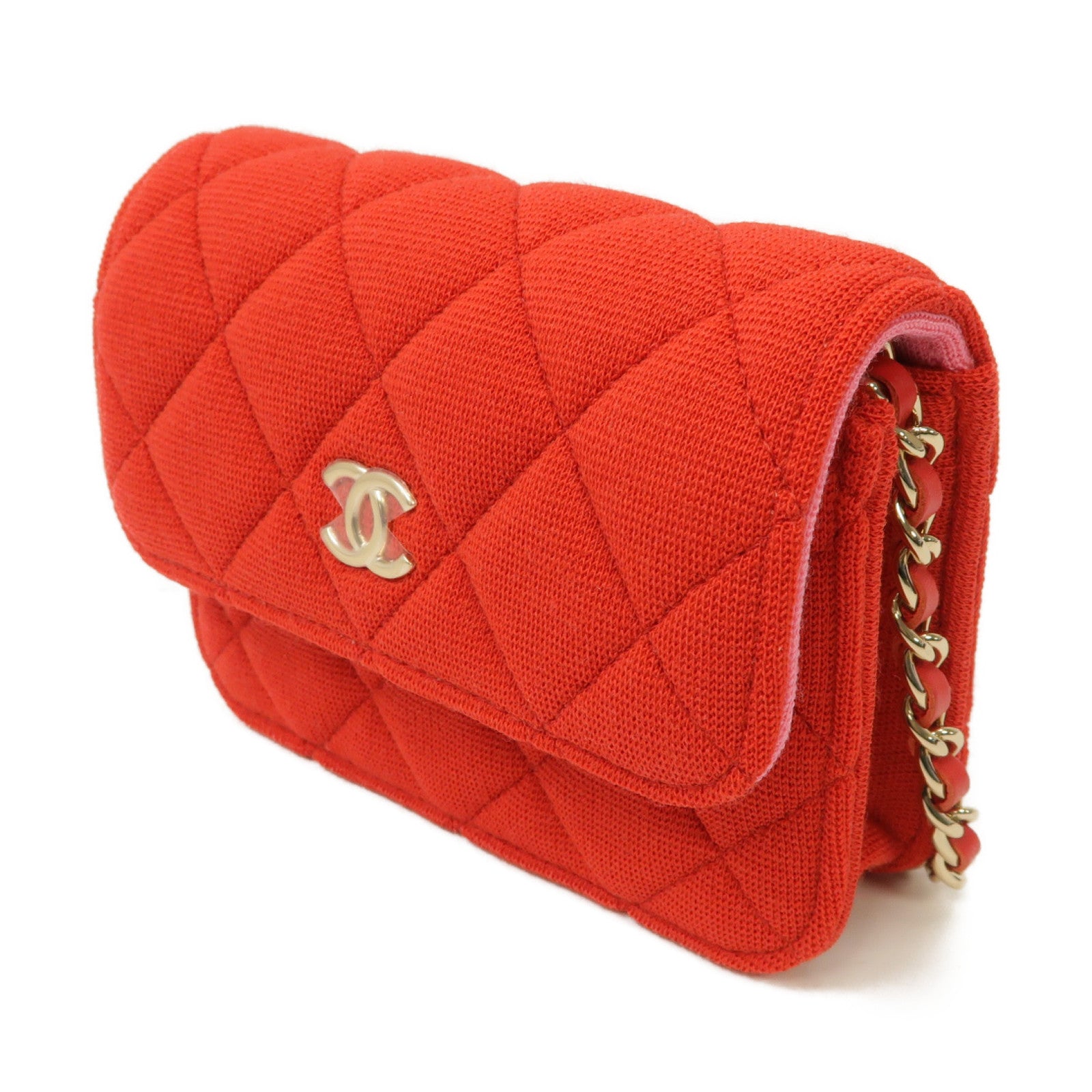 CHANEL 布料Chain Shoulder Bag金扣鏈帶肩背袋紅色/粉紅色