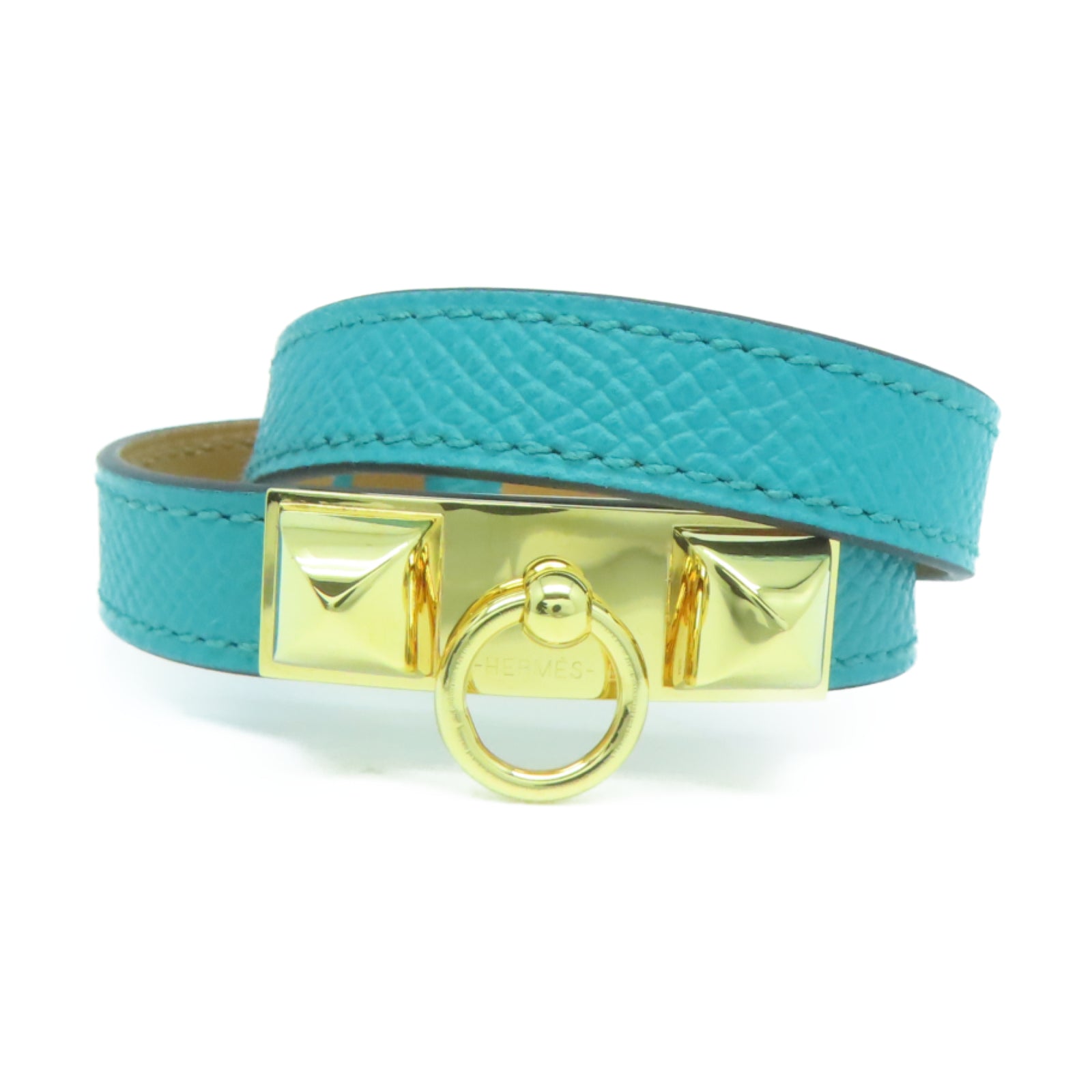 HERMES 【激減優惠】Epsom皮革Rivale Double Tour Bracelet金扣手鐲Blue Paon孔雀藍色