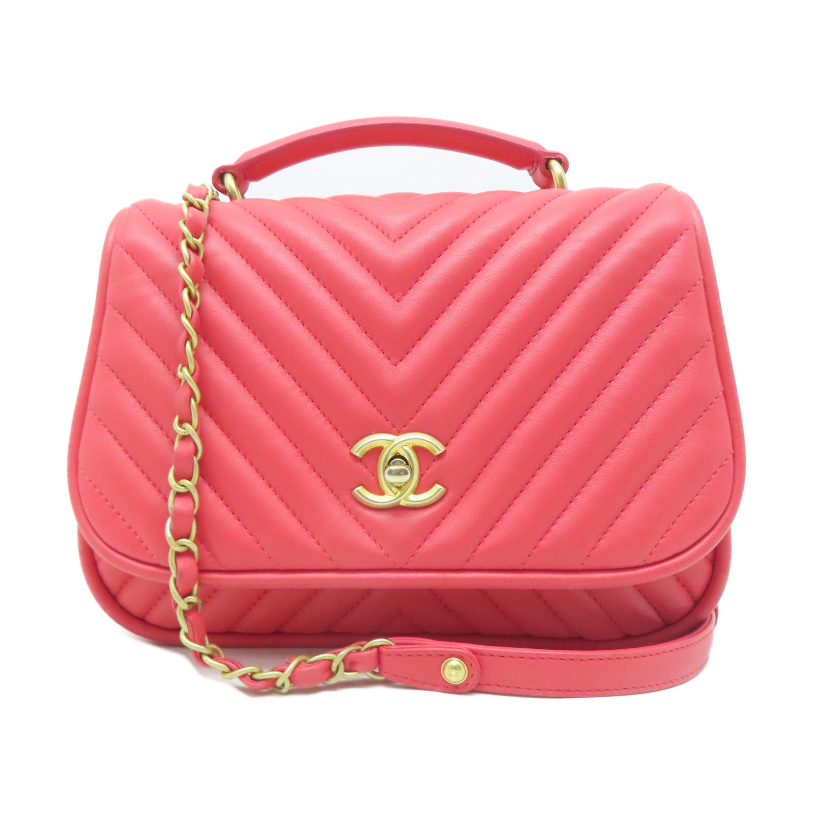 CHANEL 【激減優惠】斜紋羊皮皮革Shoulder Bag金扣手挽肩背兩用袋紅色