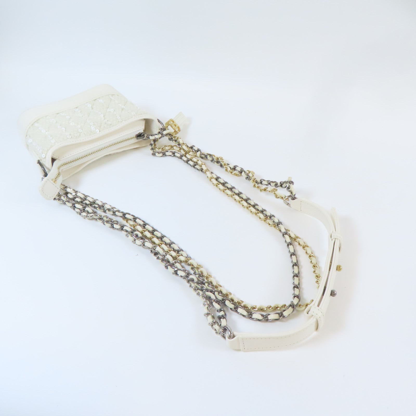 CHANEL 菱格牛皮皮革Mini Bag Set金扣/銀扣鏈帶肩背袋白色