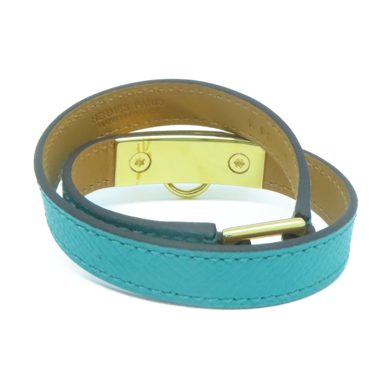 HERMES 【激減優惠】Epsom皮革Rivale Double Tour Bracelet金扣手鐲Blue Paon孔雀藍色