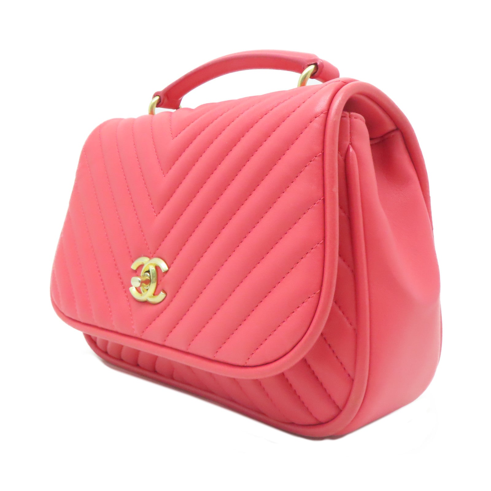 CHANEL 【激減優惠】斜紋羊皮皮革Shoulder Bag金扣手挽肩背兩用袋紅色