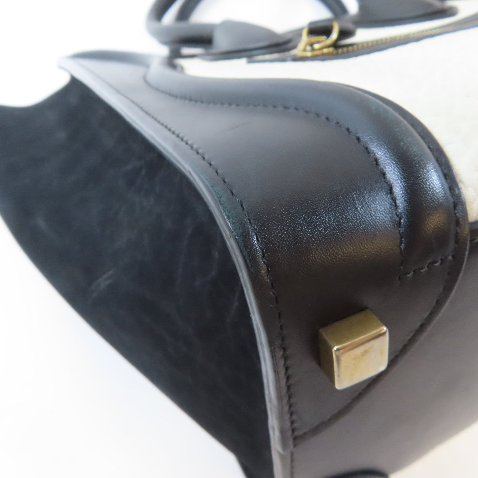 CELINE (PRICE DOWN) GHW Luggage Tote Bag Handbag V-CA-5515 Calfskin Leather Black White