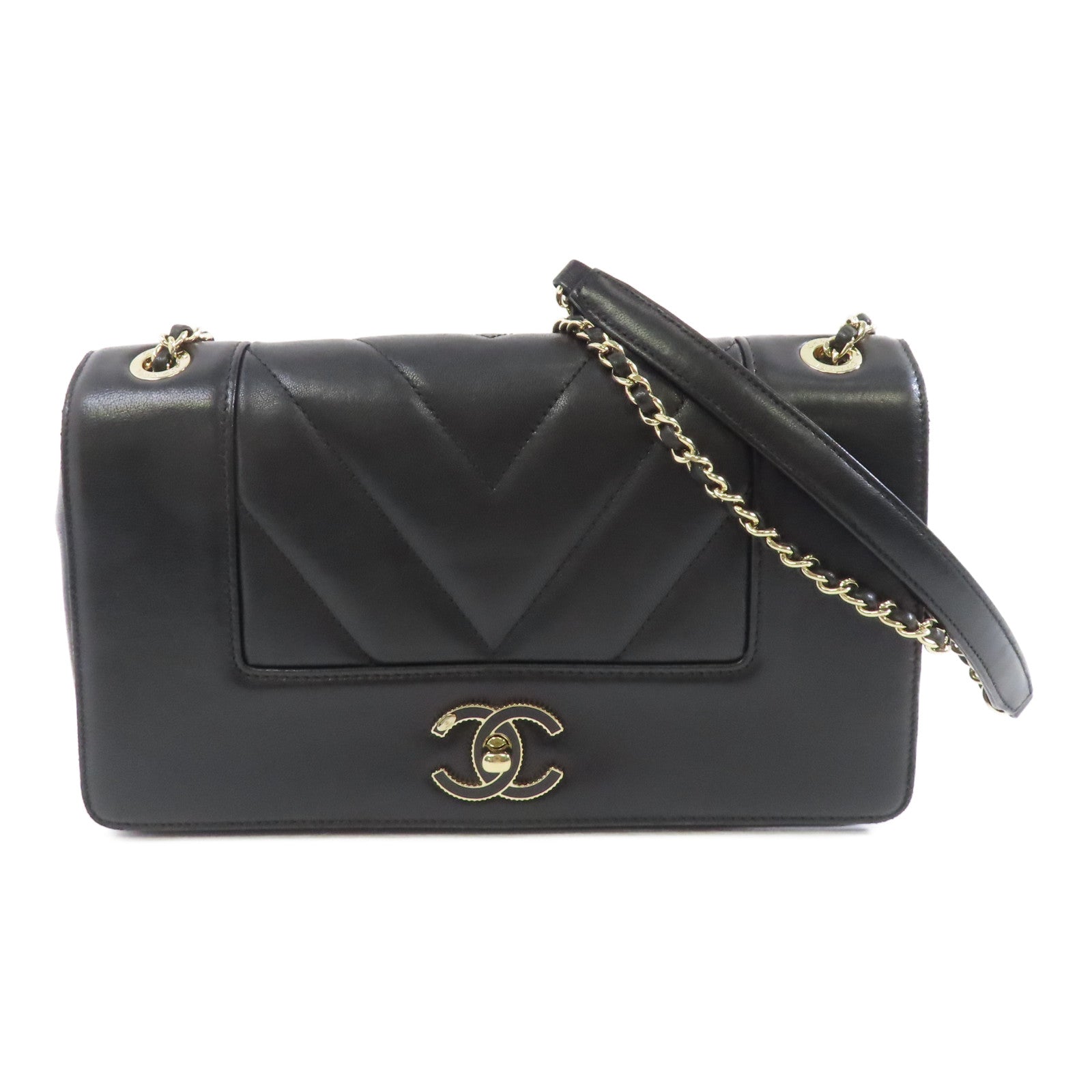 CHANEL 羊皮皮革Chain Shoulder金扣鏈帶肩背袋黑色