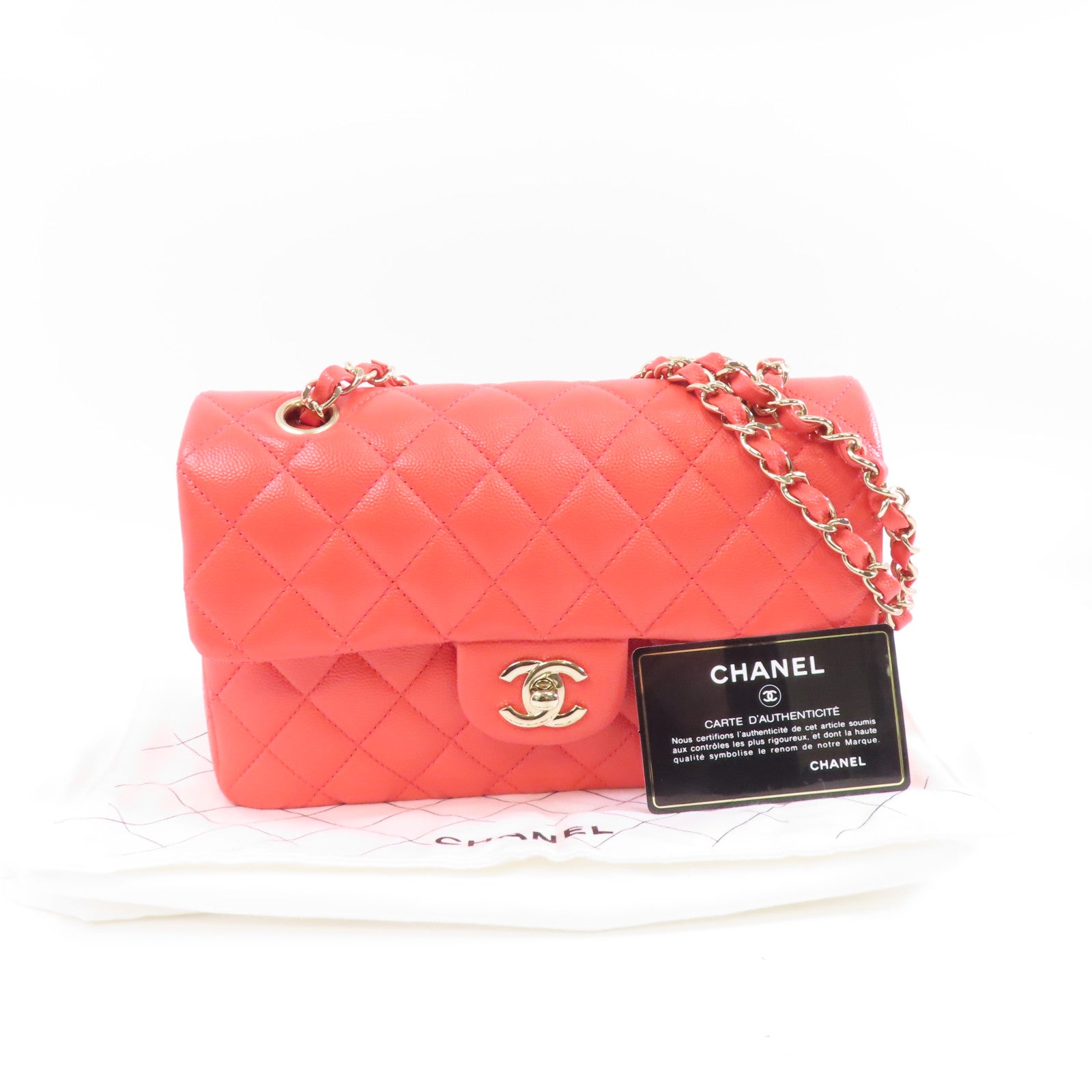 CHANEL 【激減優惠】菱格Caviar皮革Chain Shoulder金扣鏈帶肩背袋紅色