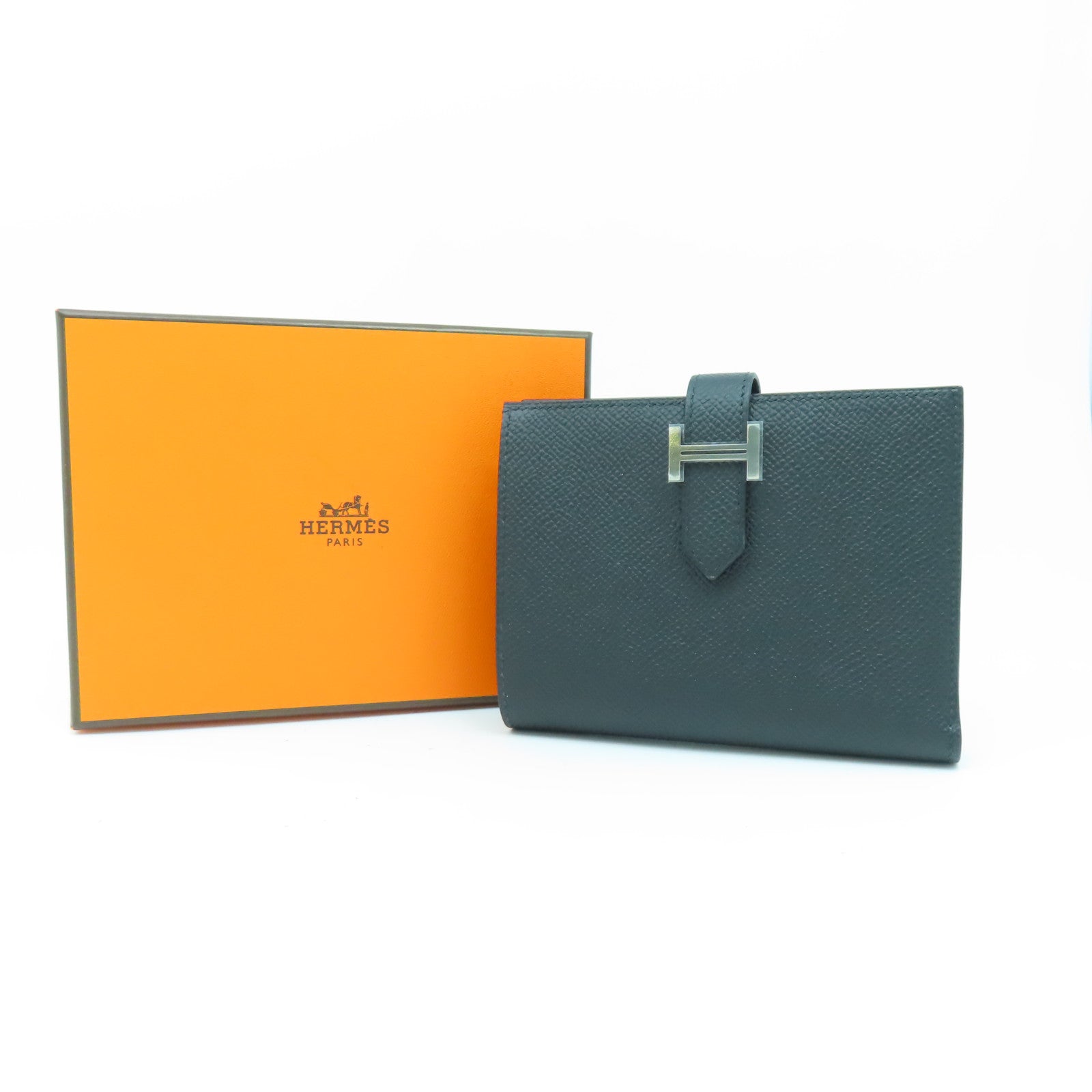 HERMES 【激減優惠】Veau Epsom皮革Compact Wallet銀扣錢包經典黑色