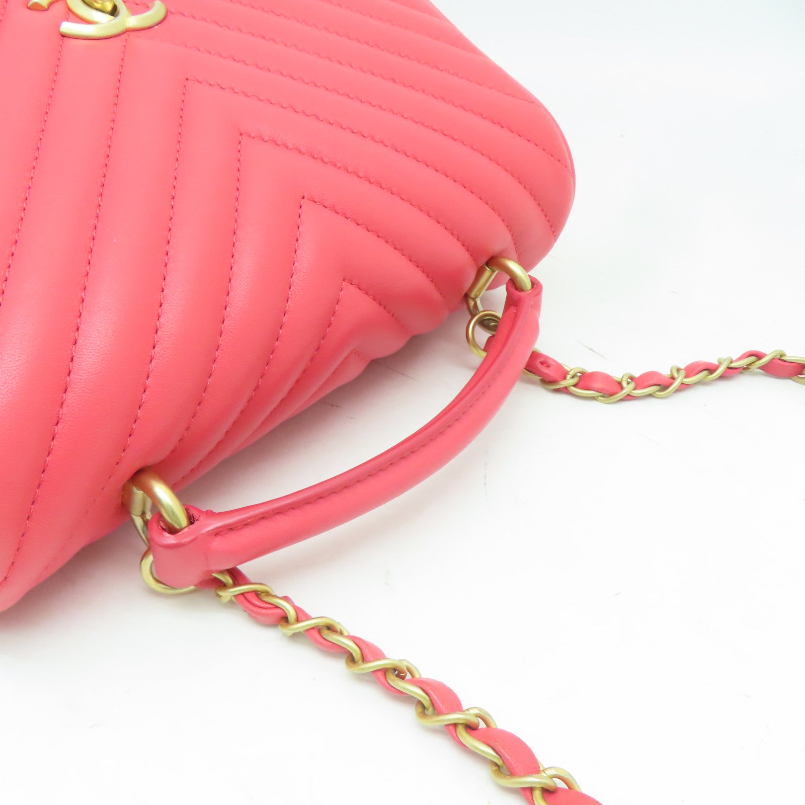 CHANEL 【激減優惠】斜紋羊皮皮革Shoulder Bag金扣手挽肩背兩用袋紅色