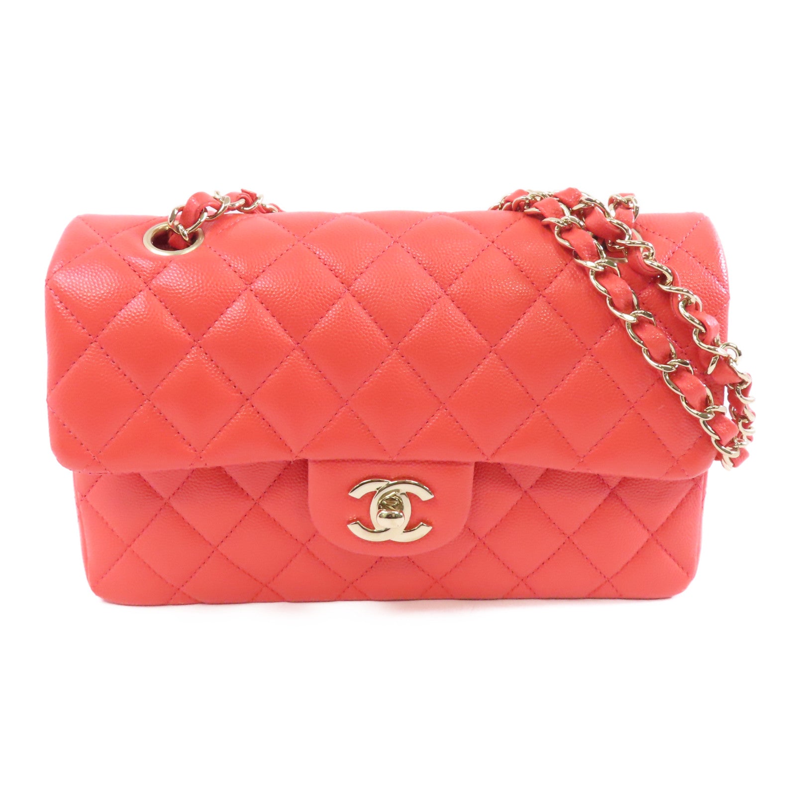 CHANEL 【激減優惠】菱格Caviar皮革Chain Shoulder金扣鏈帶肩背袋紅色