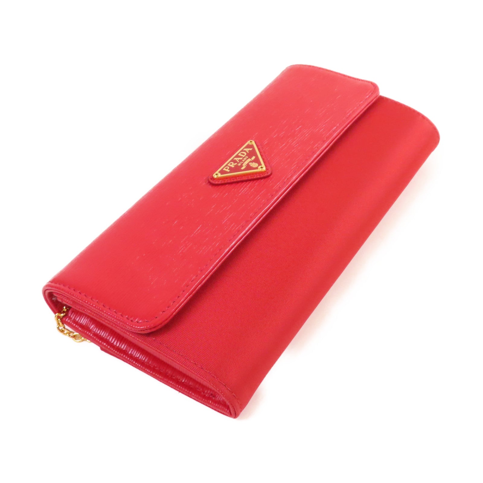 PRADA 牛皮皮革/尼龍Long Wallet金扣長錢包紅色