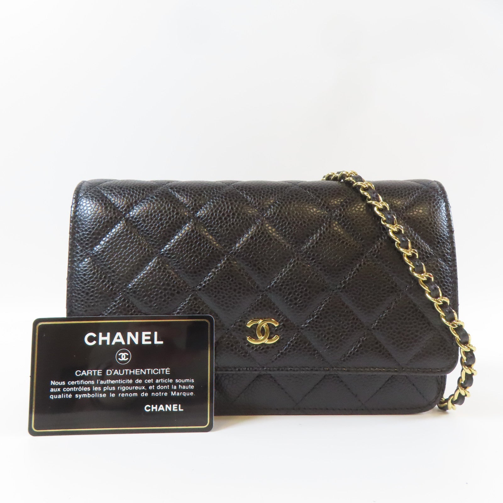 CHANEL 菱格牛皮皮革WOC金扣鏈帶肩背袋黑色