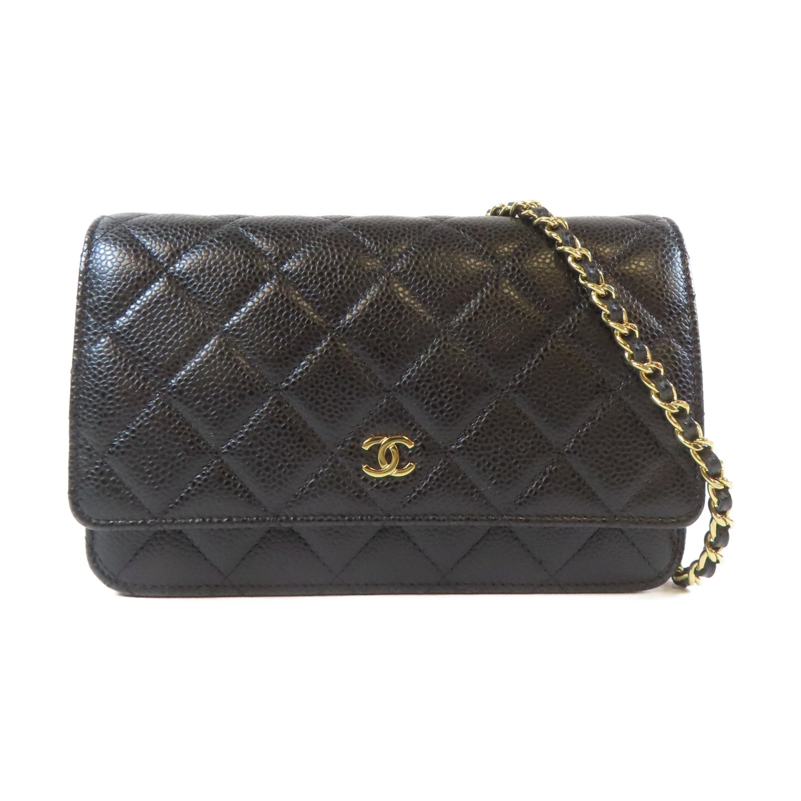 CHANEL 菱格牛皮皮革WOC金扣鏈帶肩背袋黑色