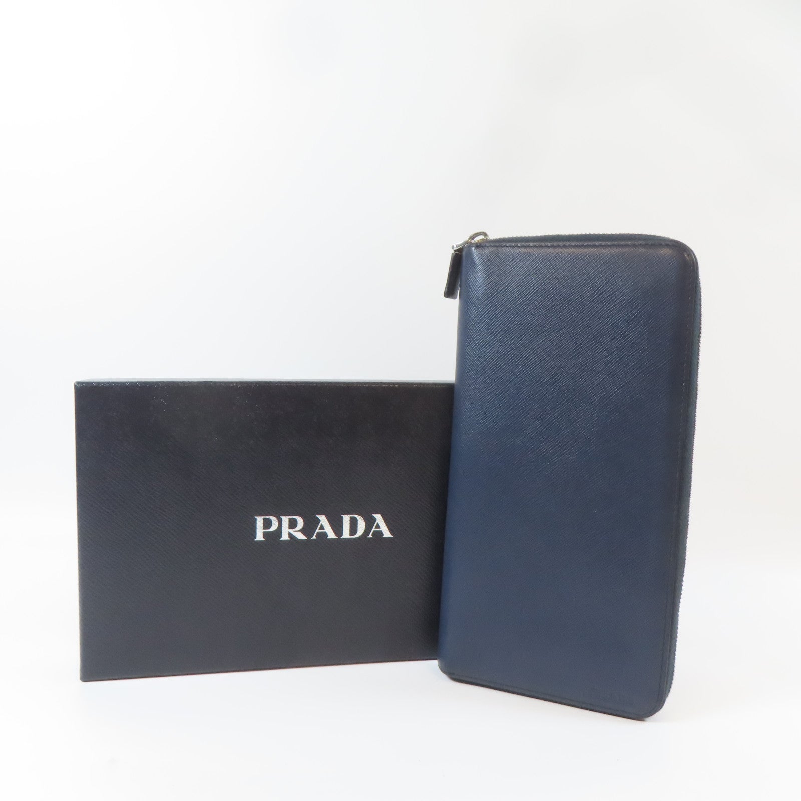 PRADA 【激減優惠】牛皮皮革Zipper Long Wallet銀扣長錢包藍色