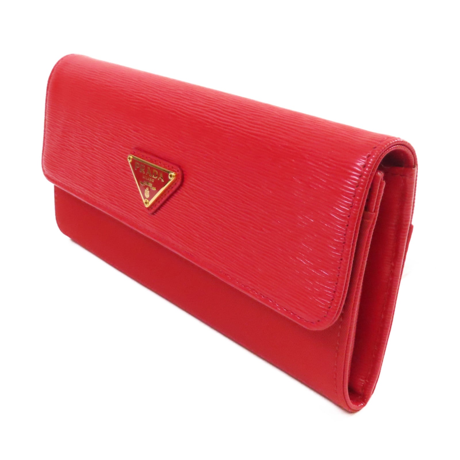 PRADA 牛皮皮革/尼龍Long Wallet金扣長錢包紅色
