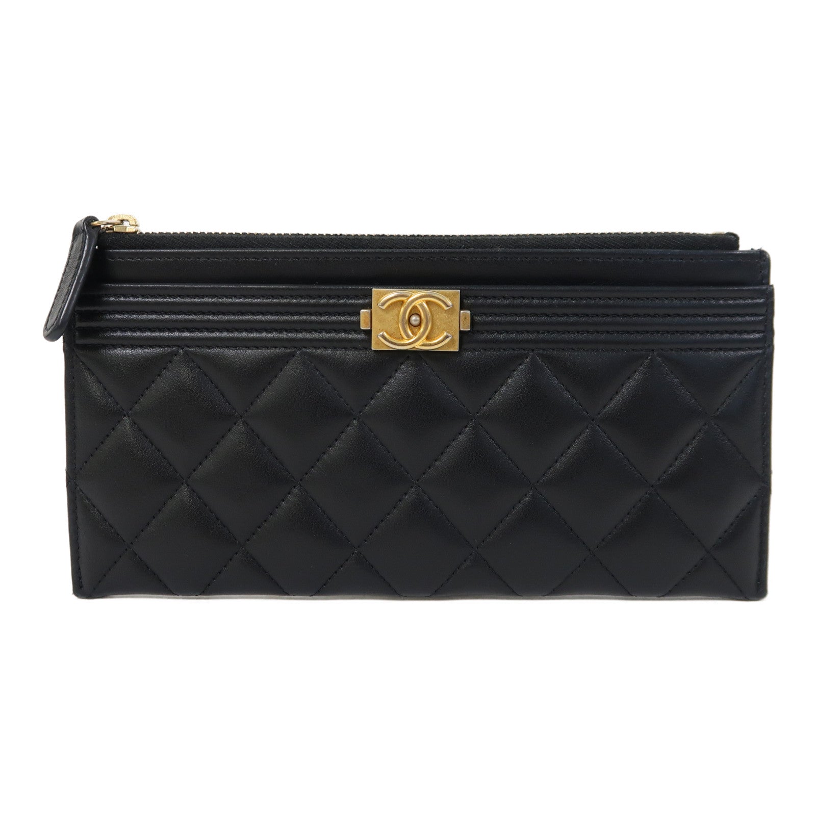 CHANEL 【激減優惠】菱格羊皮皮革Zipper Long Wallet金扣長錢包黑色
