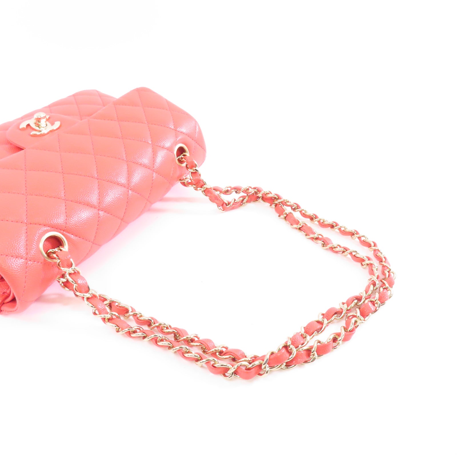CHANEL 【激減優惠】菱格Caviar皮革Chain Shoulder金扣鏈帶肩背袋紅色
