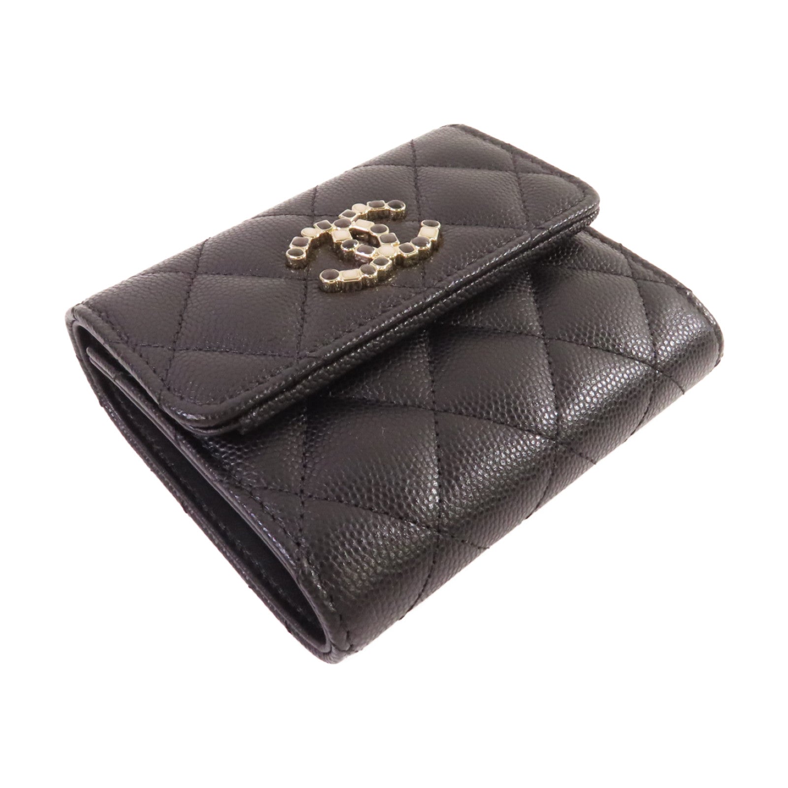 CHANEL 菱格Caviar皮革Short Wallet金扣短錢包黑色