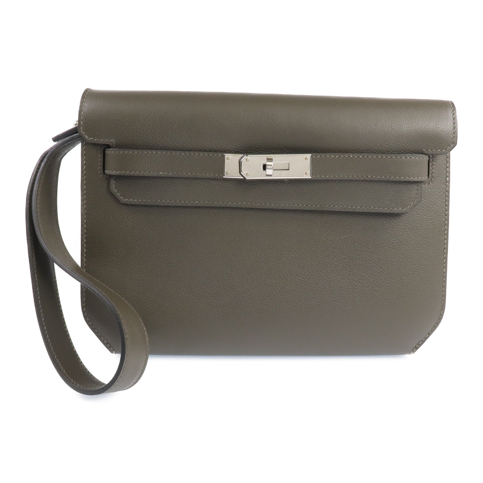 HERMES 【激減優惠】Evercolor皮革Kelly Depeches 25銀扣手拿包Vert Maquies