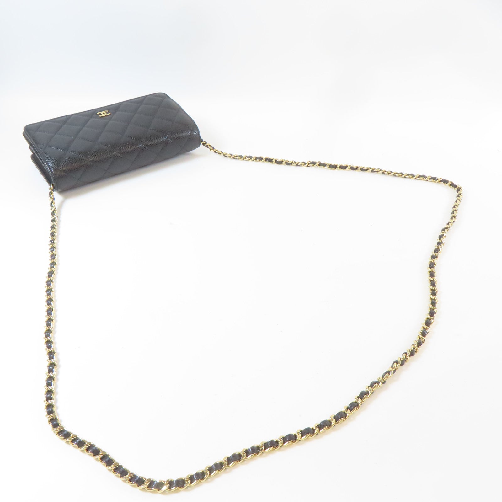 CHANEL 菱格牛皮皮革WOC金扣鏈帶肩背袋黑色