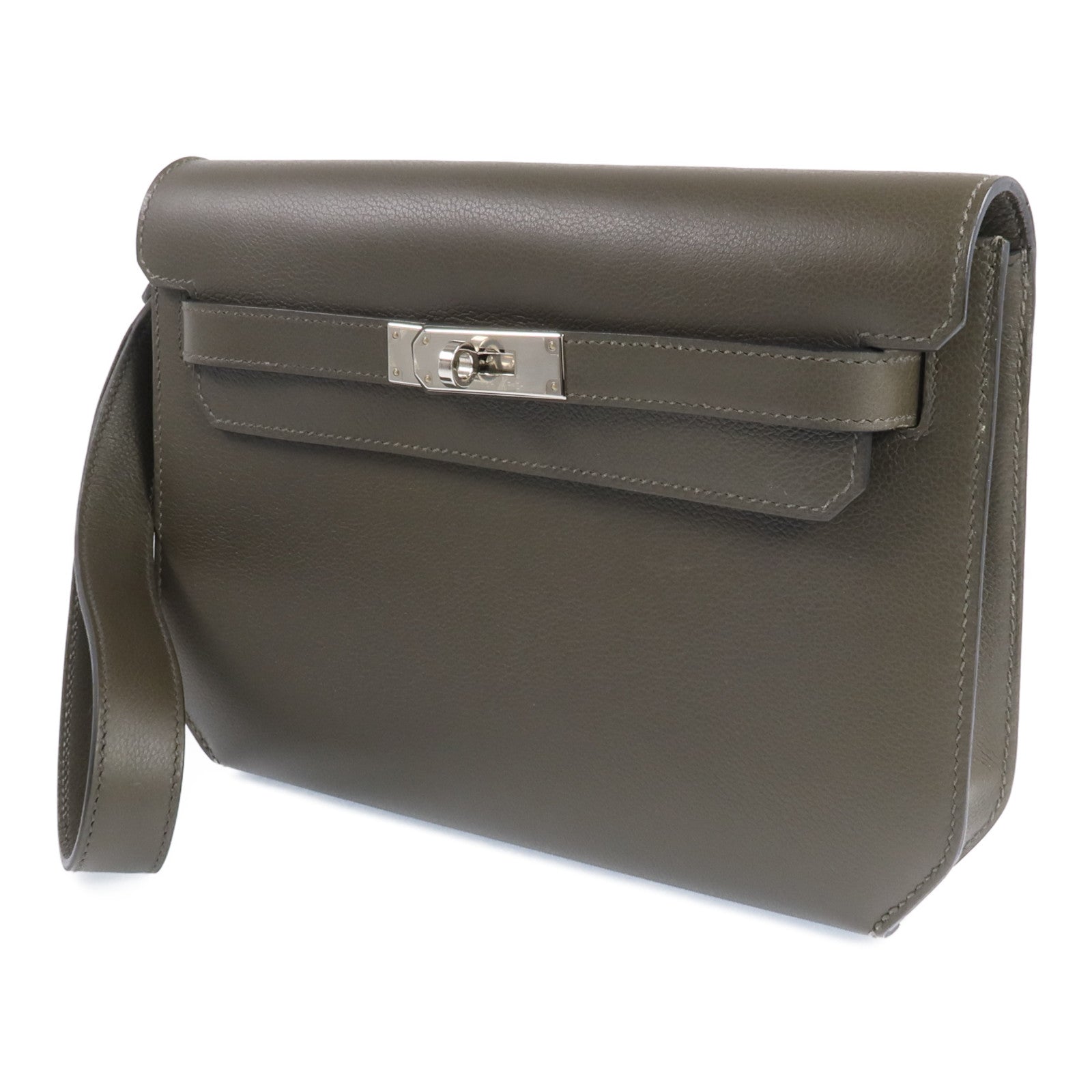 HERMES Evercolor皮革Kelly Depeches 25銀扣手拿包Vert Maquies