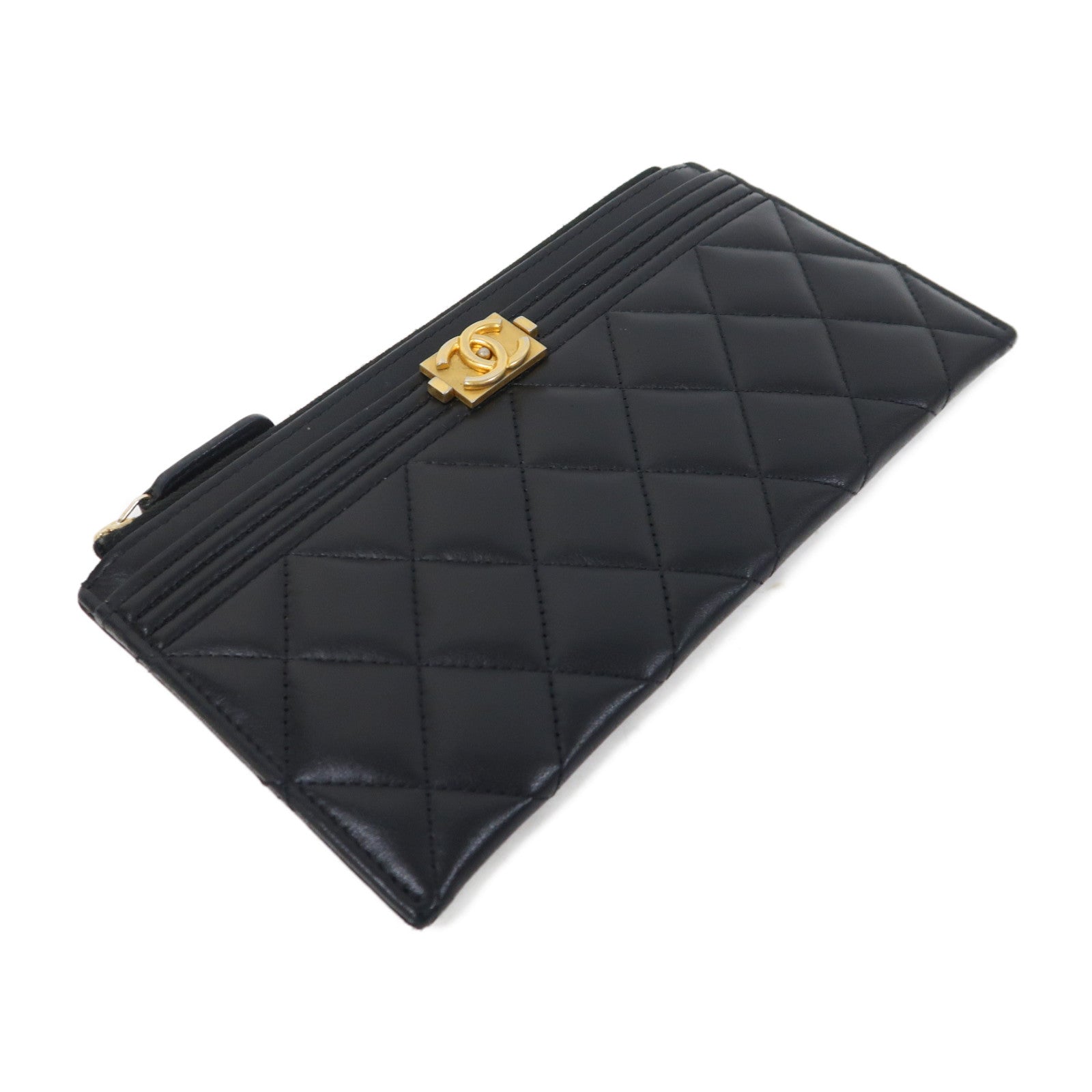 CHANEL 【激減優惠】菱格羊皮皮革Zipper Long Wallet金扣長錢包黑色