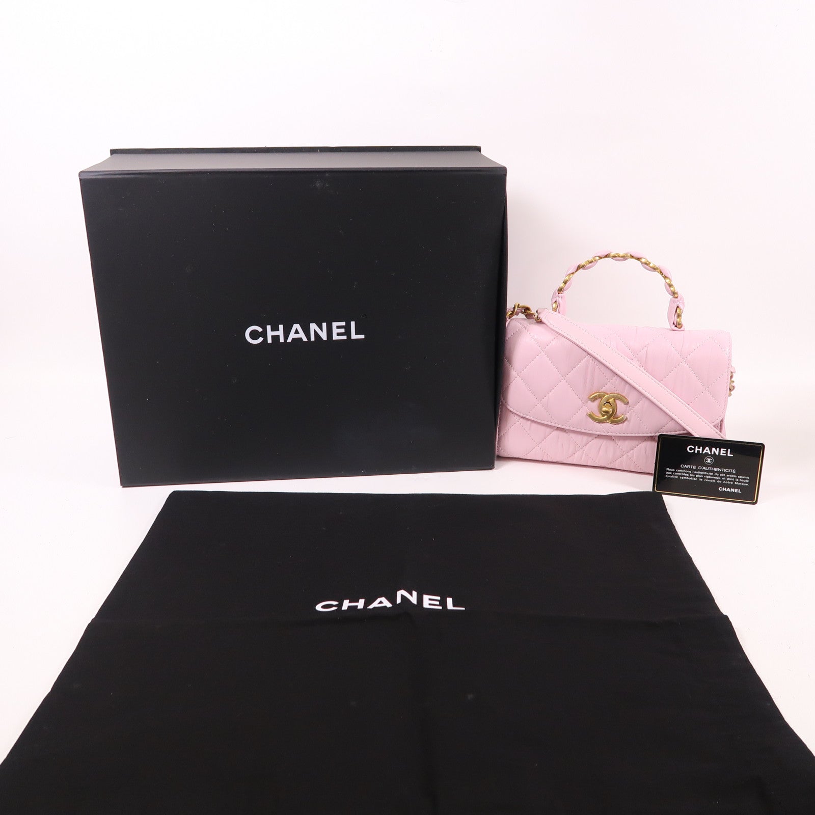 CHANEL 羊皮皮革Mini Flap Bag With Top Handle金扣鏈帶手挽肩背兩用袋