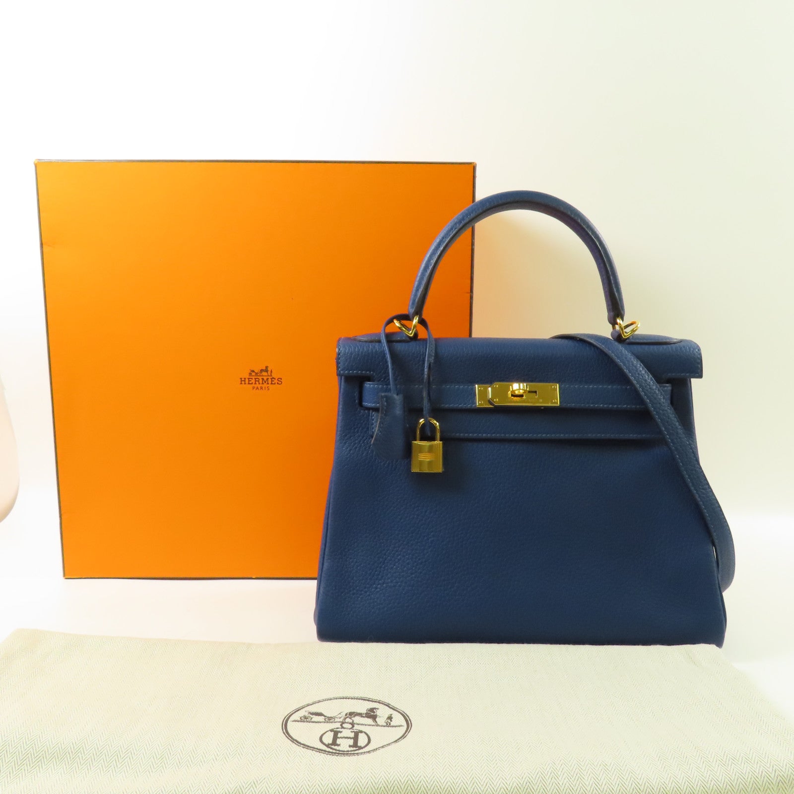 HERMES Clemence皮革Kelly 28手挽肩背兩用袋Deep Blue