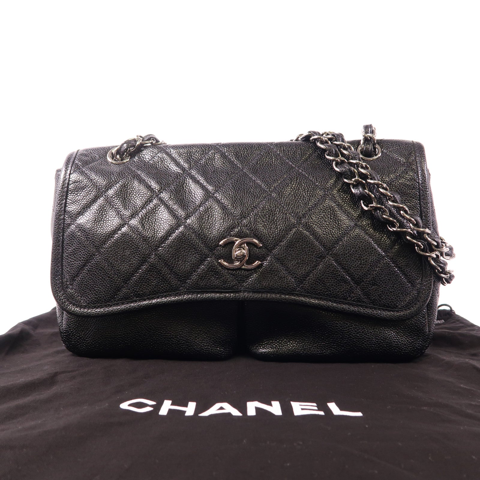 CHANEL 牛皮皮革Split Pocket Flap銀扣鏈帶肩背袋