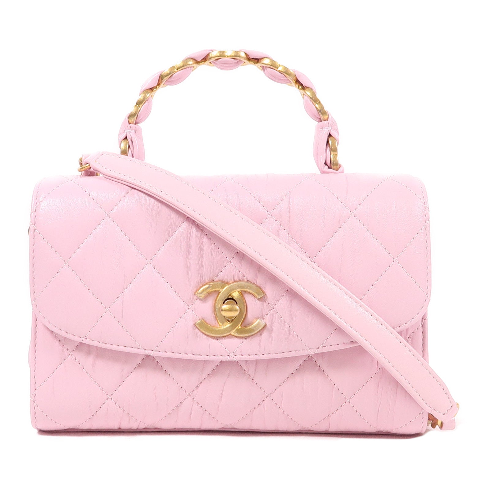 CHANEL 羊皮皮革Mini Flap Bag With Top Handle金扣鏈帶手挽肩背兩用袋