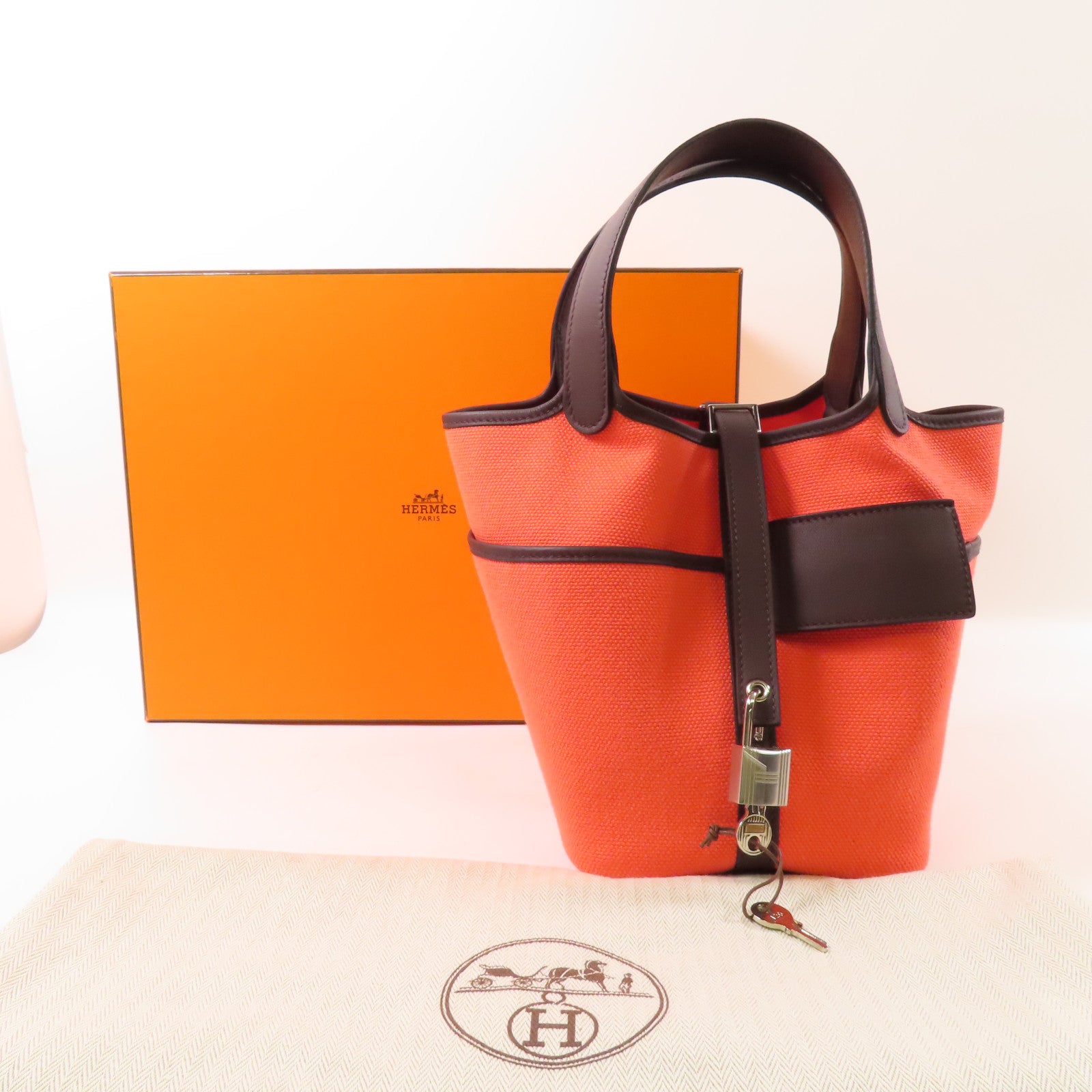 HERMES 帆布Picotin Cargo PM手挽袋Rose Texas
