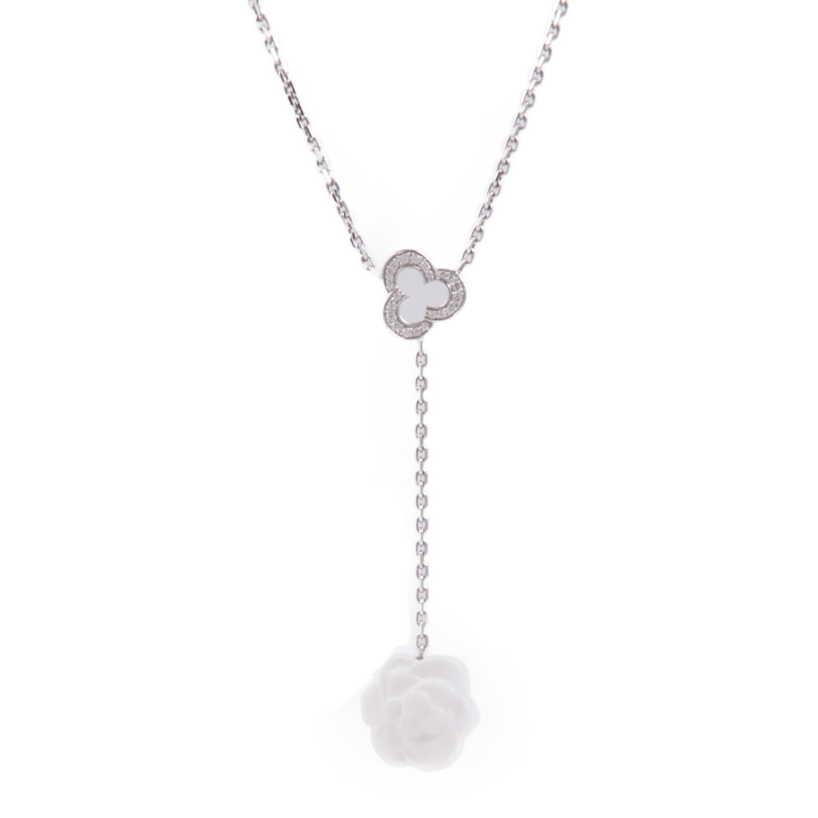CHANEL 18K白金Camellia White Agate Diamond Necklace鑽石/陶瓷項鍊