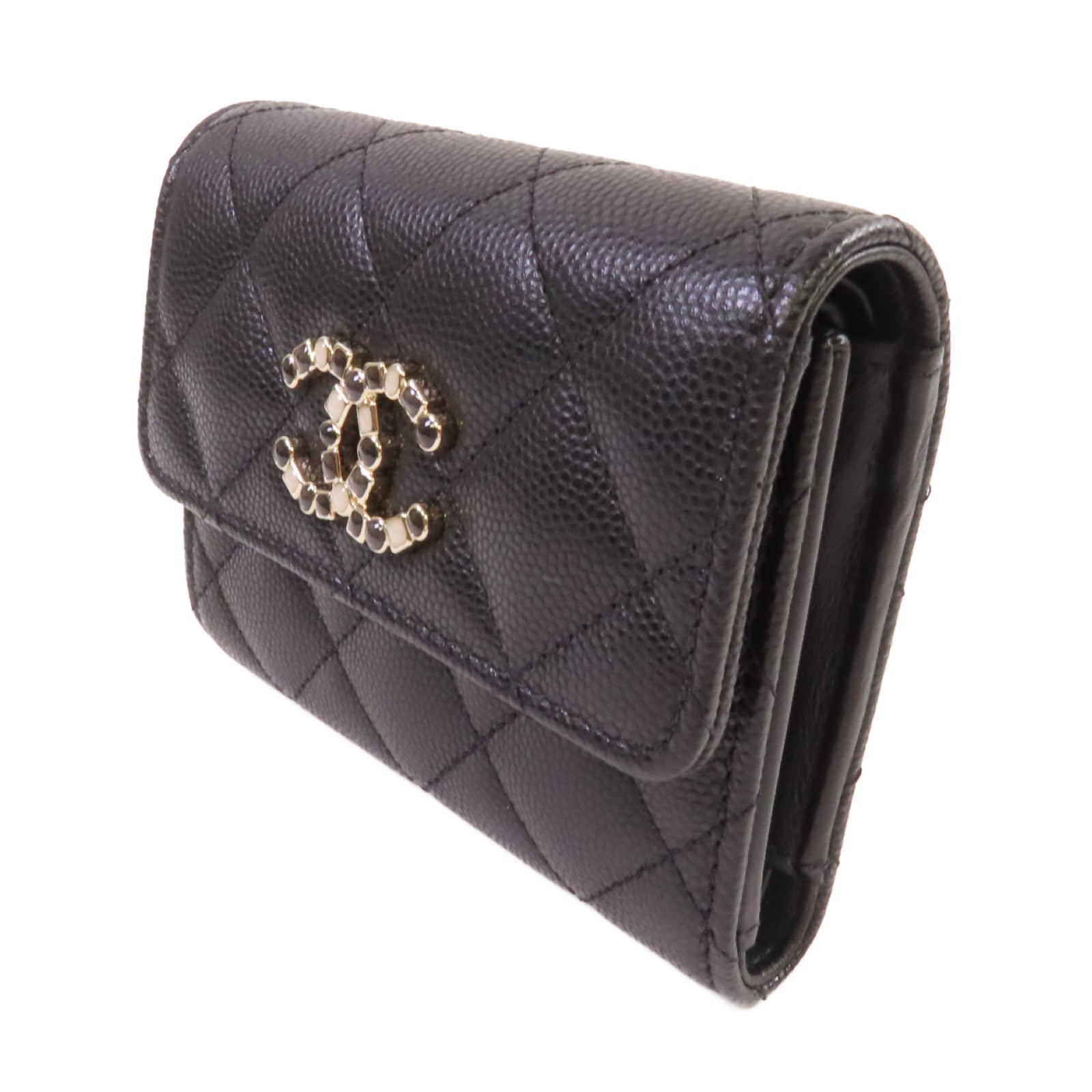 CHANEL 菱格Caviar皮革Short Wallet金扣短錢包黑色