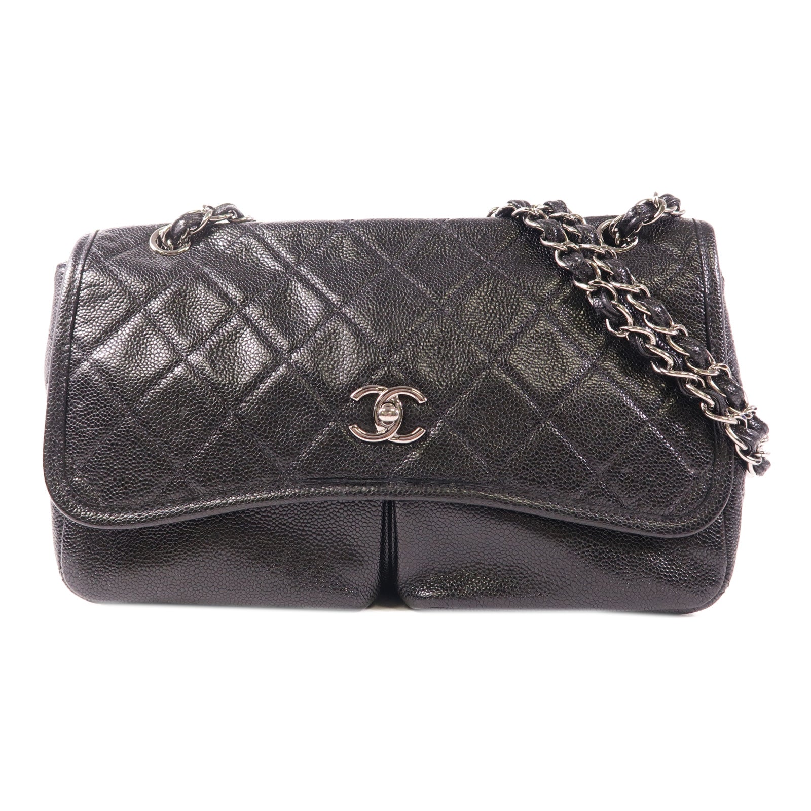 CHANEL 牛皮皮革Split Pocket Flap銀扣鏈帶肩背袋