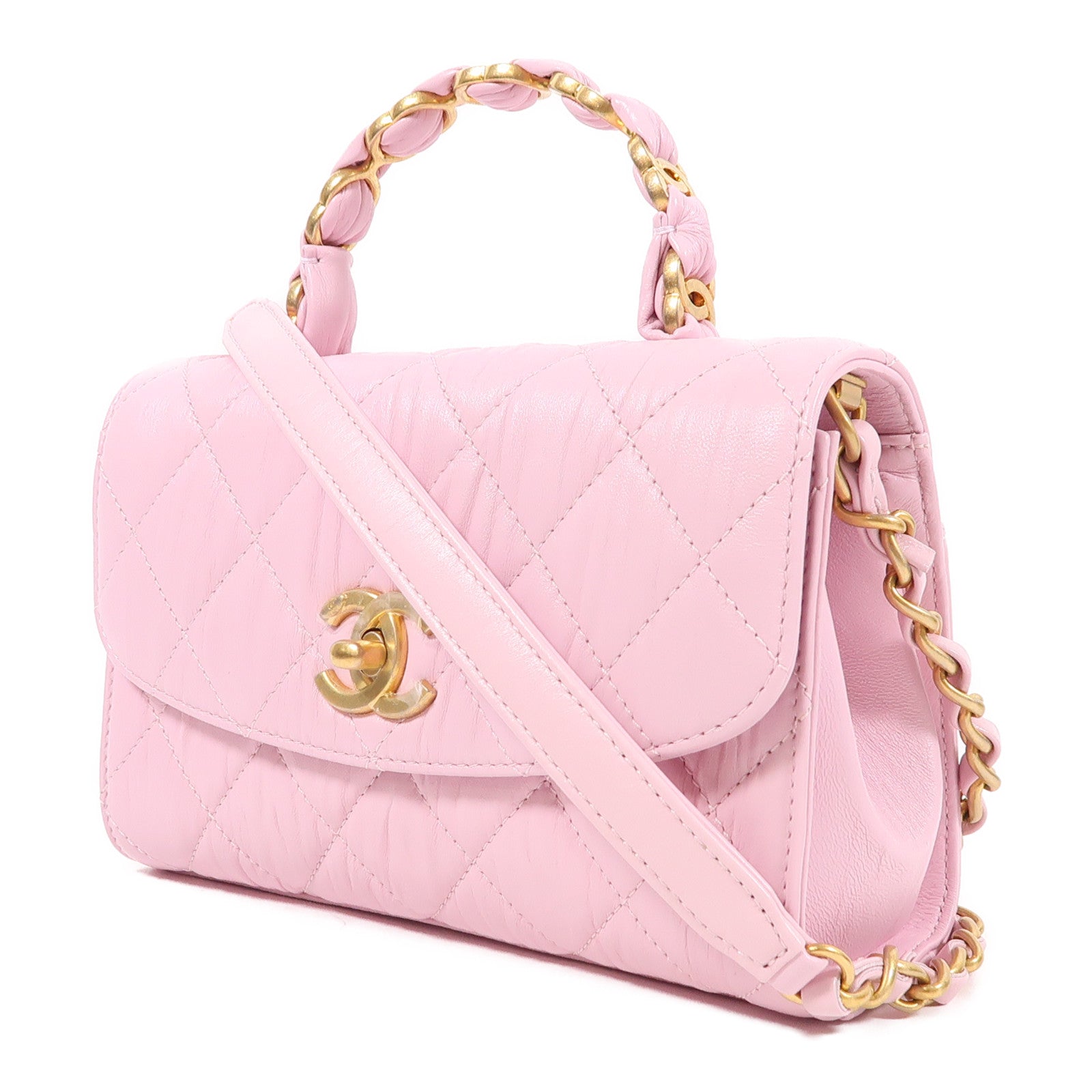 CHANEL 羊皮皮革Mini Flap Bag With Top Handle金扣鏈帶手挽肩背兩用袋