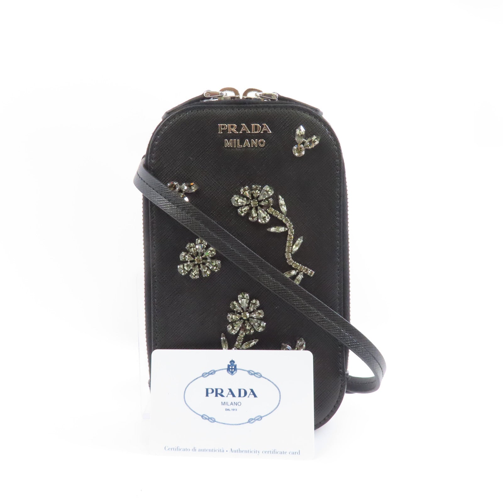 PRADA Saffiano皮革/水晶Phone Case銀扣肩背袋黑色