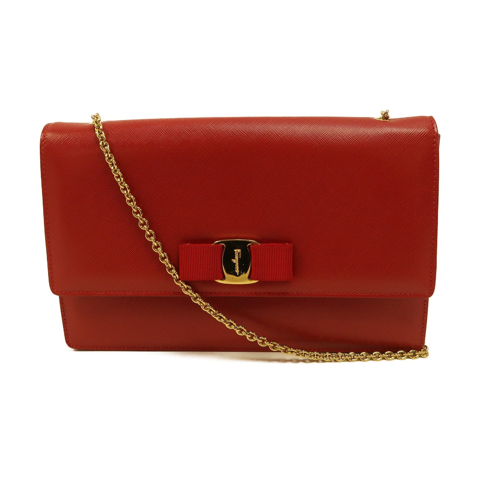 Salvatore Ferragamo 牛皮皮革Chain Shoulder金扣鏈帶肩背袋紅色