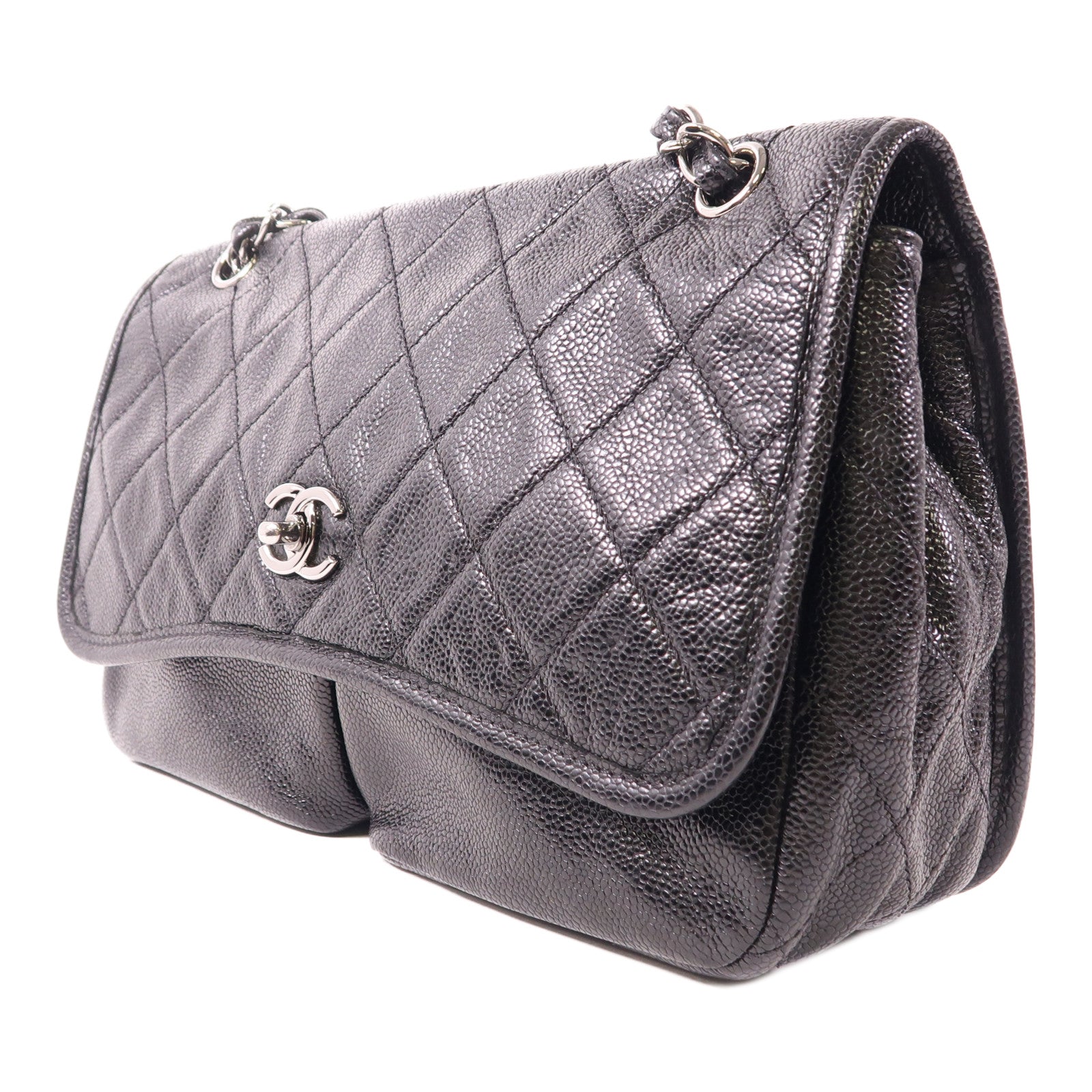 CHANEL 牛皮皮革Split Pocket Flap銀扣鏈帶肩背袋