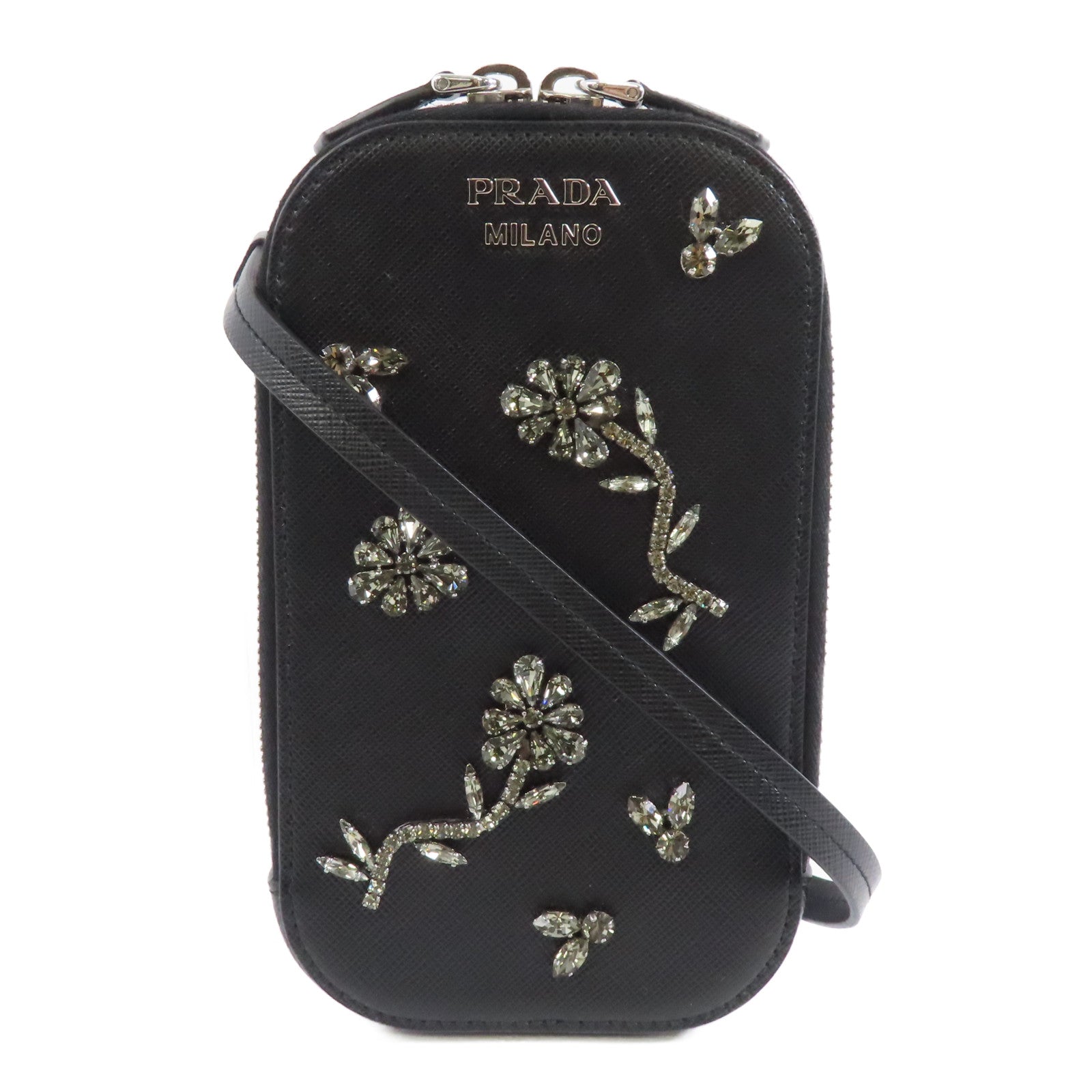 PRADA Saffiano皮革/水晶Phone Case銀扣肩背袋黑色