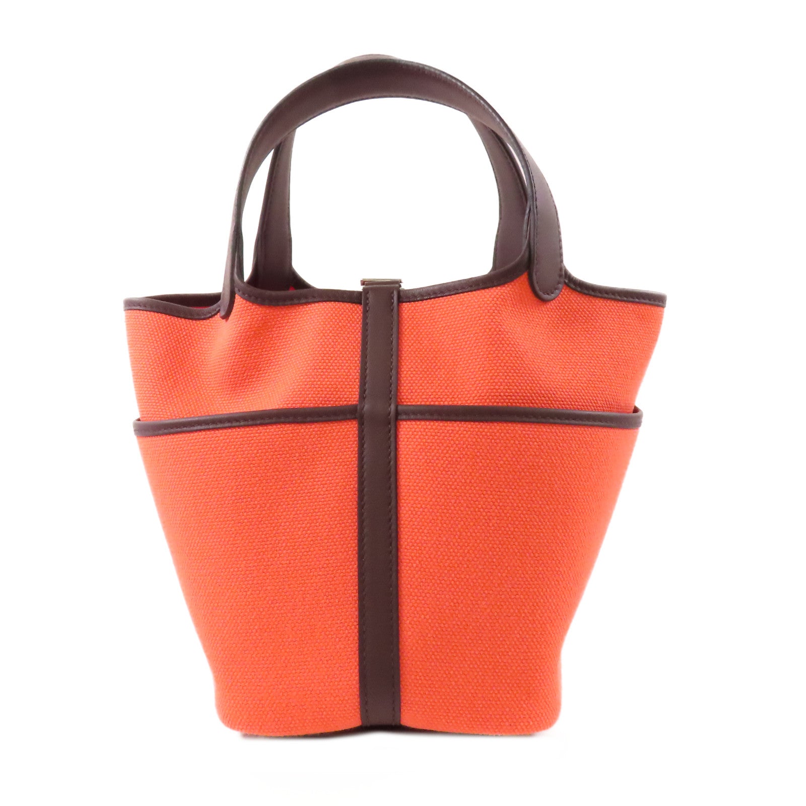 HERMES PHW Picotin Cargo PM Handbag Canvas Rose Texas Red