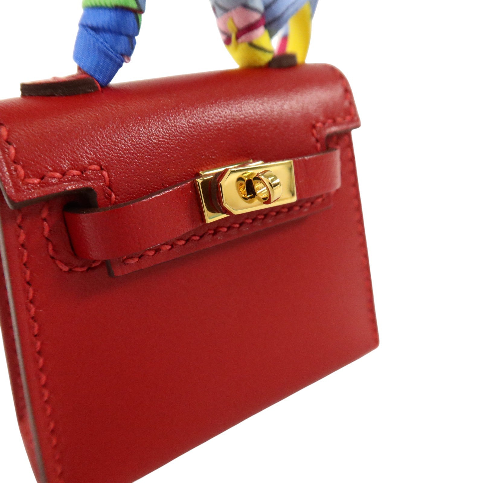HERMES Tadelakt皮革/絲質Mini Kelly Twilly Bag Charm金扣掛飾Rouge Vif